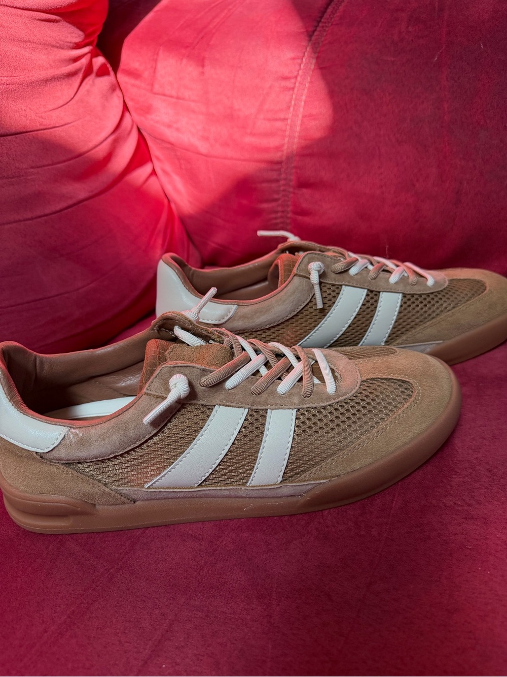 Steve Madden Tan Suede & Mesh Sneakers with White Stripes - Picture 7 of 8